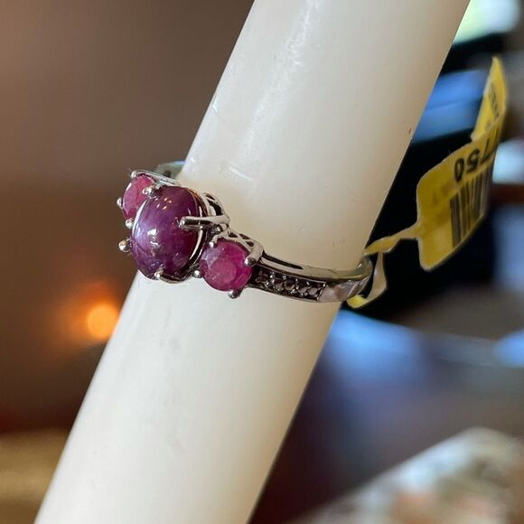 Ruby Ring Three Stone Platinum Sterling Silver Jewelry  Gemstone Birthstone - Picture 7 of 12